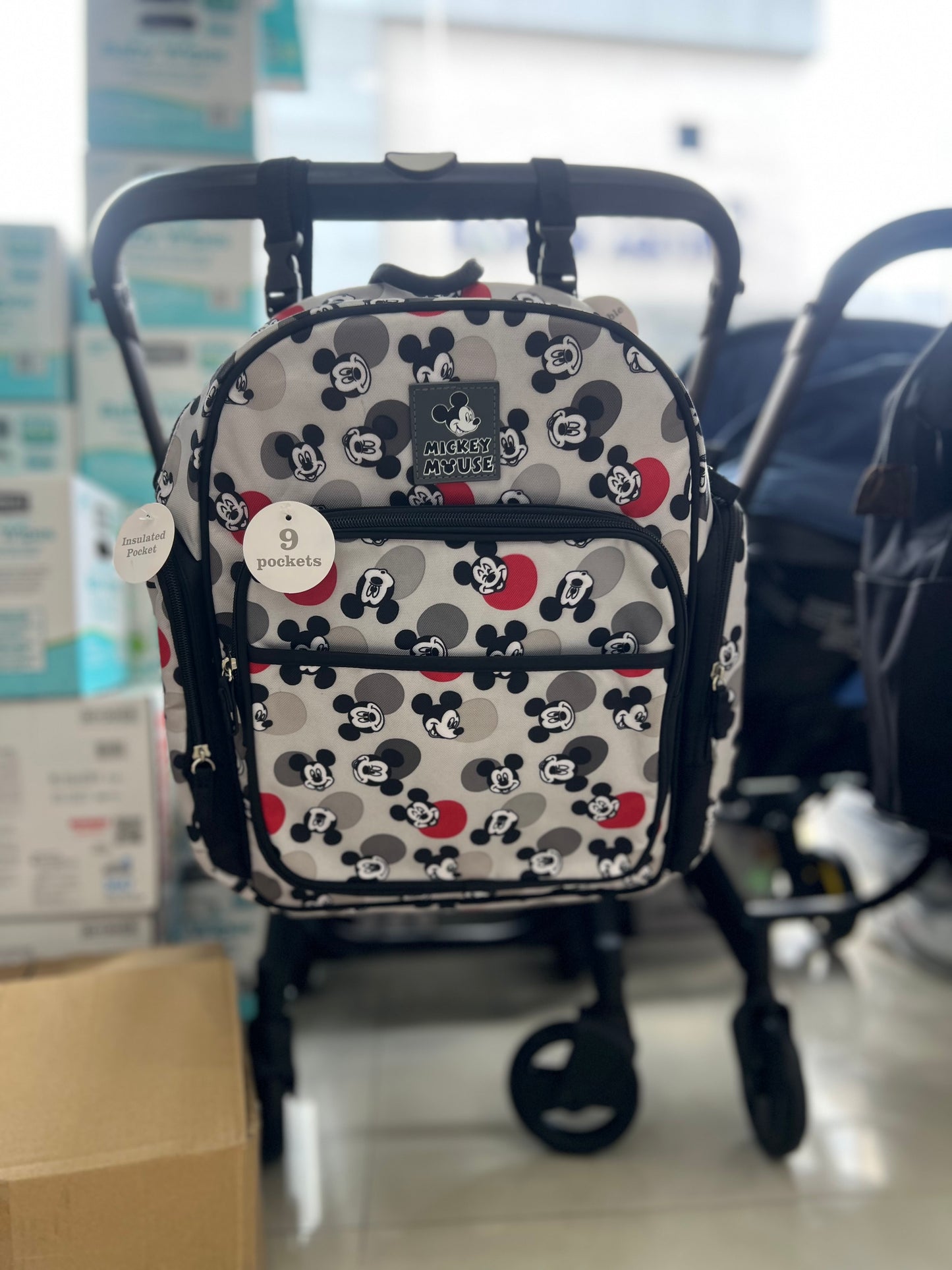 MOCHILAS PAÑALERAS C/ MICKEY NEGRA Y GRIS